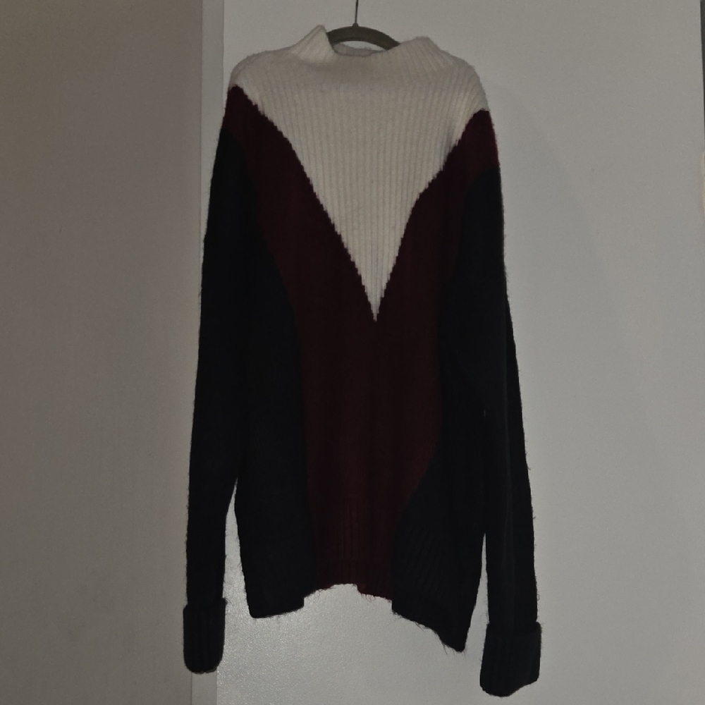 Lou & Grey Tri-Color Turtleneck Sweater - White, Burgundy, Black